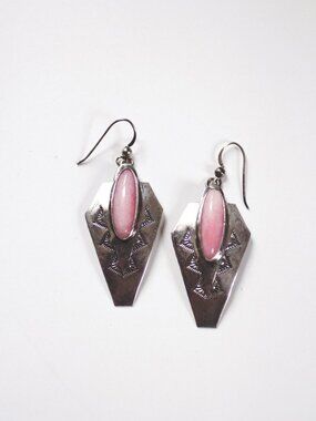Vintage Southwestern Sterling Silver Dangle Earrings Rhodonite Pink Stone Hand-S